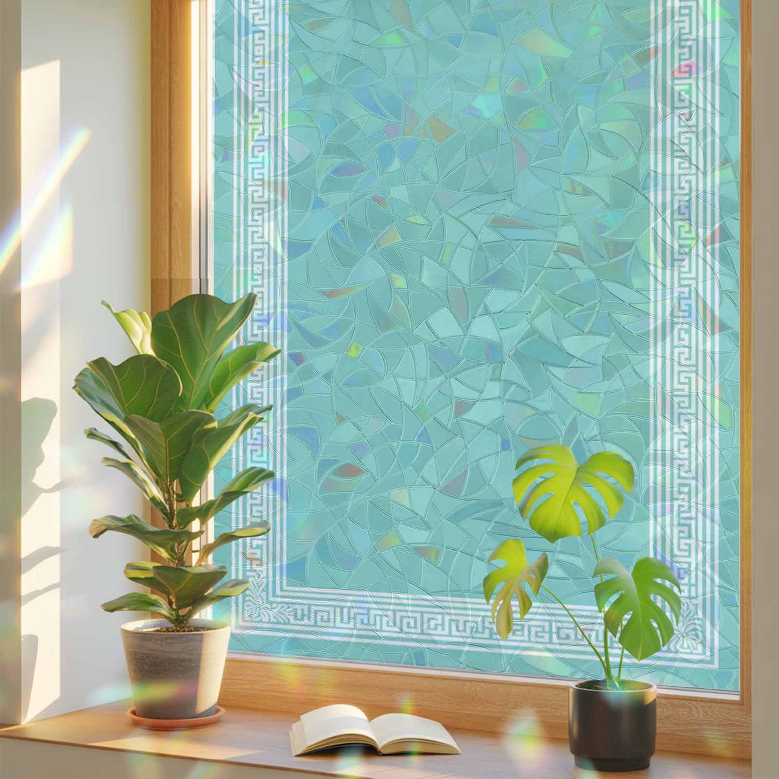 Bluish Green Abstract Art Window Privacy Film, Geometric Greek Key ...