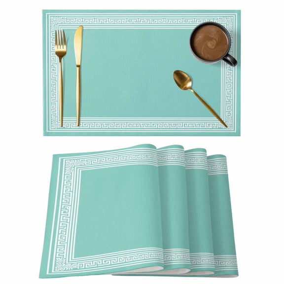 Bluish Green Greek Key Placemats Set of 4 Geometric Greece Ancient Farmhouse Geo Place Mats Indoor Wipeable Table Mats Washable Dining Table Placemats for Kitchen Holiday Party Home Decor 13x19 Inch