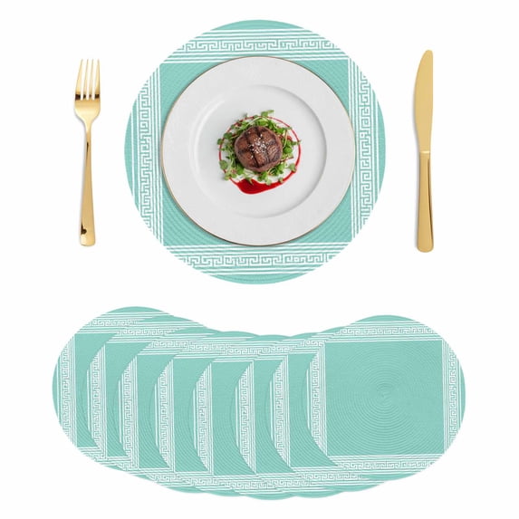 Bluish Green Greek Key Round 13 Inch Placemats Set of 8, Geometric Greece Ancient Farmhouse Geo HeatResistant Non Slip Place Mats for Dining Table, Wipeable Kitchen Table Mats for Housewarming