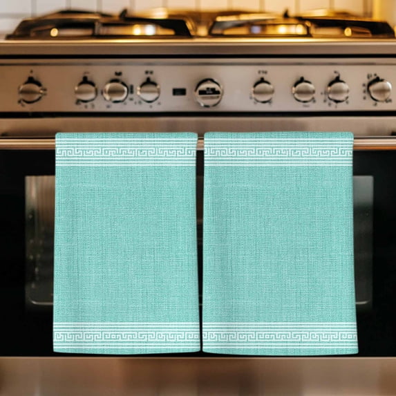 Bluish Green Retro Greek Key Kitchen Towels Set of 4, Greece Ancient ...