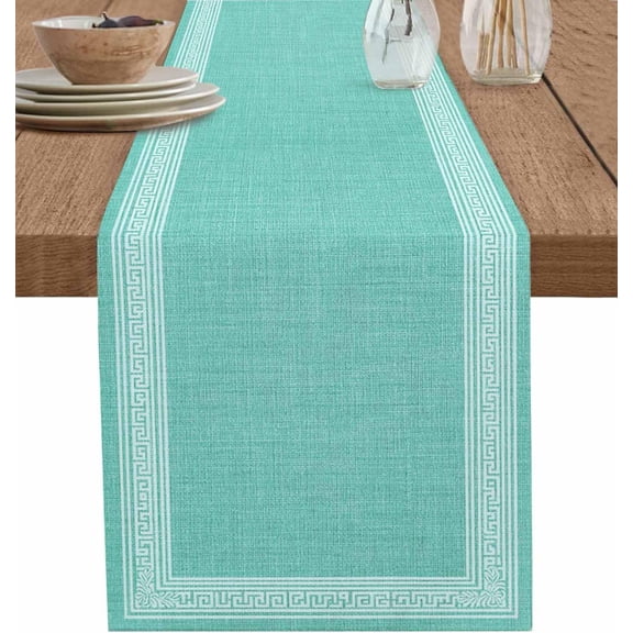 Bluish Green Retro Greek Key Short Table Runners 36 Inches, Cotton Linen Fabric Table Runner Greece Ancient Meander Fret Tablerunner for Party/Kitchen/Dinner Decor 13x36