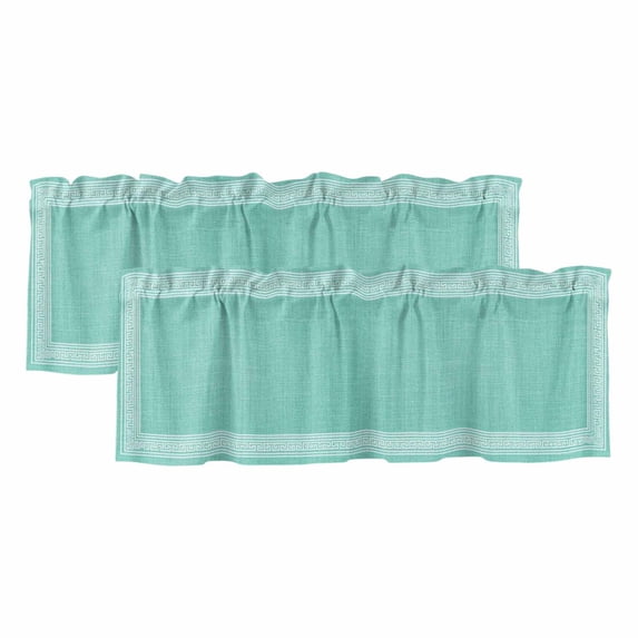 Bluish Green Retro Greek Key Valances for Windows, Decorative Rod Pocket Window Valance Curtains, Greece Ancient Rustic Geometric Short Curtain Drapes for Kitchen/Living Room, 2 Panels, 42" W x 12" L