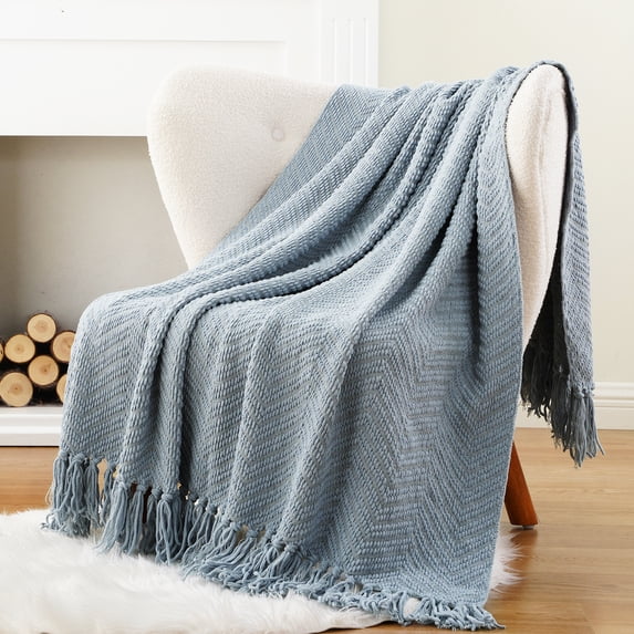 Battilo Bluish Grey Chenille Throw Blanket for Couch,Soft Knit Throws with Tassels for Living Room,50"x60"