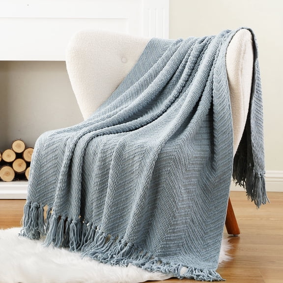 Bluish Grey Chenille Throw Blanket For Couch,Soft Knit Throws With Tassels For Living Room,50"x60"