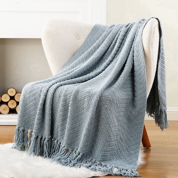 Battilo Bluish Grey Chenille Throw Blanket for Couch,Soft Knit Throws with Tassels for Living Room,50"x60"
