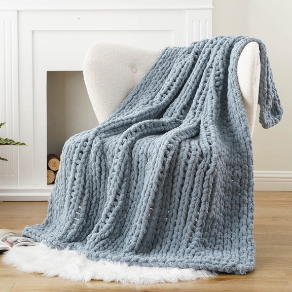 Battilo Bluish Grey Chunky Knit Throw Blanket,Handmade Cable Knit Crochet Blanket for Home Decor,50"x60"