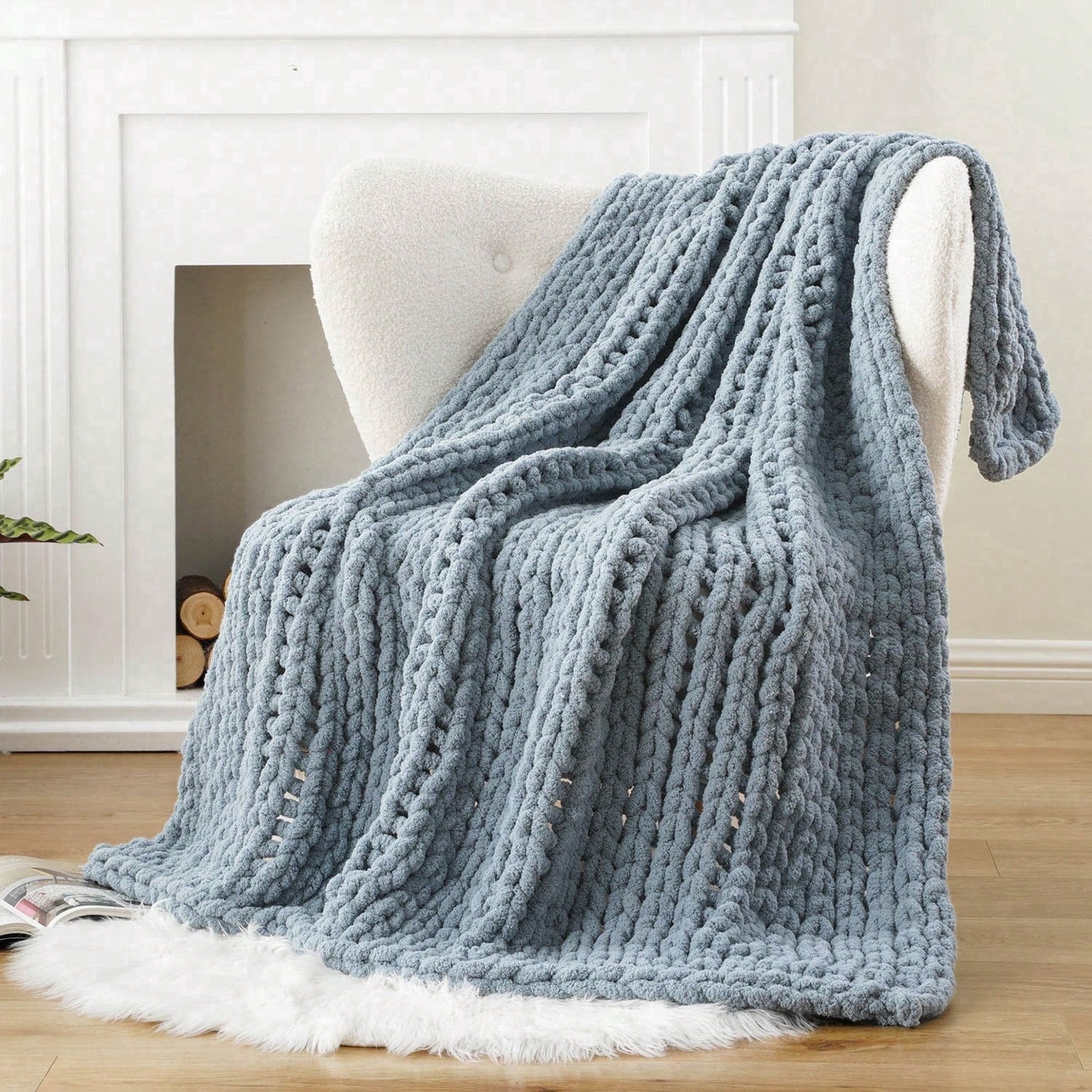 Battilo Bluish Grey Chunky Knit Throw Blanket,Handmade Cable Knit Crochet Blanket for Home Decor,50"x60"
