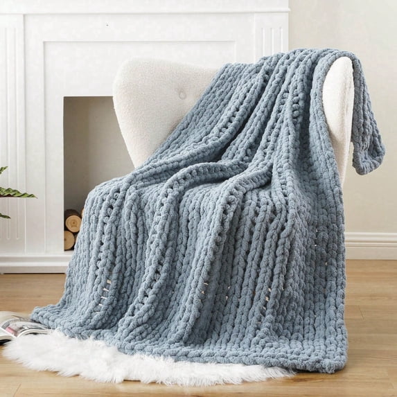 Battilo Bluish Grey Chunky Knit Throw Blanket,Handmade Cable Knit Crochet Blanket for Home Decor,50"x60"