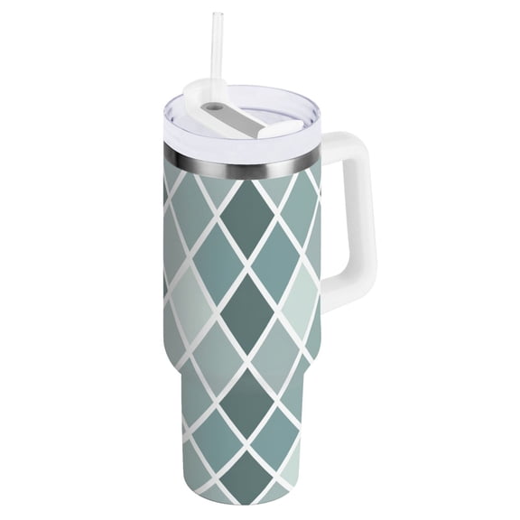 Bluish White Block Tumbler with Handle and Straw Lid 40 oz Insulated Vacuum Water Bottle Stainless Steel Travel Cup