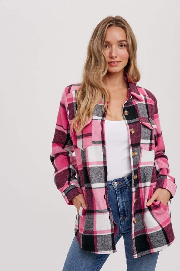 Flannel Plaid Shacket, Pink