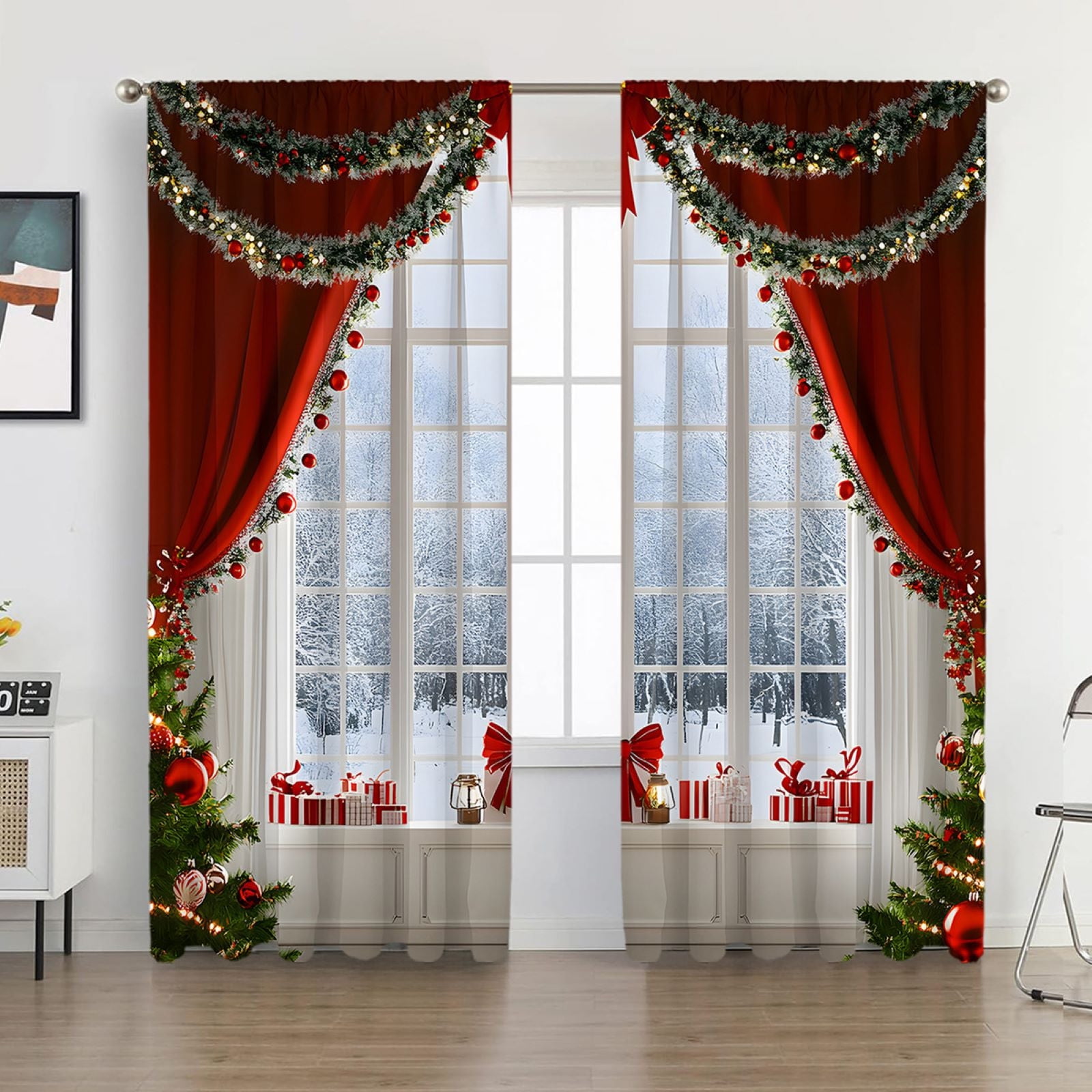 CAROMIO Christmas Velvet Curtains - 84 Inch Long Red Reindeer Thermal Insulated Panels, Set Of 2 (52x84 In) - View #2