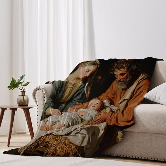 Blukids Christmas Jesus Painted Flannel Blanket 40 x 27.6 in, Christmas The Nativity Day Painted Flannel Blanket, Xmas The Nativity Scene Nativity Story Sofa Nap Blanket for Christmas Decor(B)