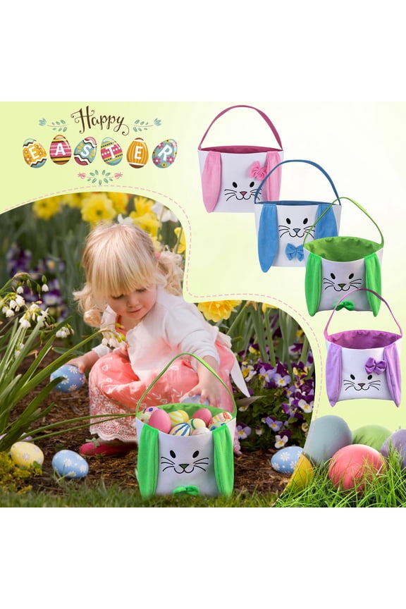 Easter Bunny Basket for Kids- Canvas Cotton Carrying Gift and Eggs Hunt Bag, with Long Plush Ear Printed Rabbit Toys Bucket Tote Bags for Girls & Boys(Blue)