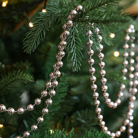 Blukids Faux Pearl Beads Garland - 10mm Christmas Tree Beads 5 Yards Gold Pearl Strands Spool Pearl String Bead Roll for Wedding Party Christmas Tree Decoration(Silver)