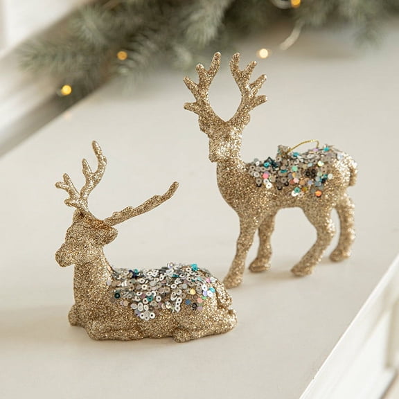 Blukids Gold Christmas Reindeer Decoration Table Deer Sitting Reindeer Figurine Glitter Deer Tabletop Decor Xmas Lying Deer Figurine with Red Berries & Green Pine Needles Branches, Champagne(A)