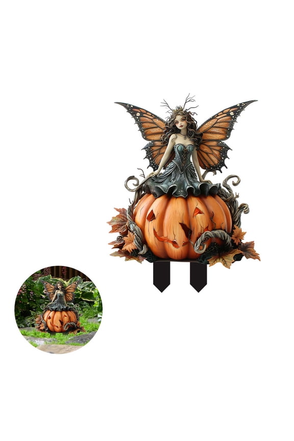 Halloween Decorations, 11.8" Dark Fairy Girl with Butterfly Wing and Sits on a Pumpkin, Polyresin Figurine, Home Decoration and Collectibles, Outdoor Patio Garden Decor(A)
