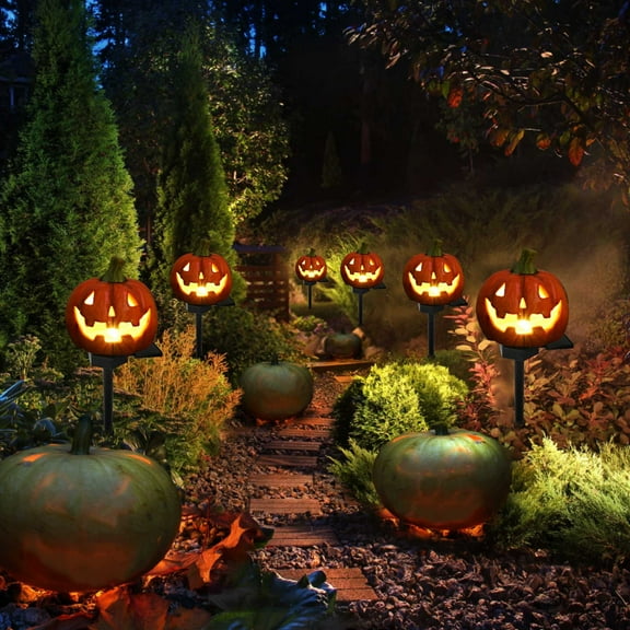 Blukids Halloween Solar Pumpkin Stake Lights Outdoor Halloween Pumpkin Pathway Lights Decorations Waterproof Pumpkin Stake Lamps for Garden Balcony Yard Lawn Pathway Home Party Decoration,17.7"(A)