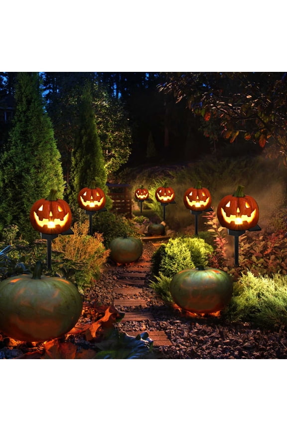 Halloween Solar Pumpkin Stake Lights Outdoor Halloween Pumpkin Pathway Lights Decorations Waterproof Pumpkin Stake Lamps for Garden Balcony Yard Lawn Pathway Home Party Decoration,17.7"(A)