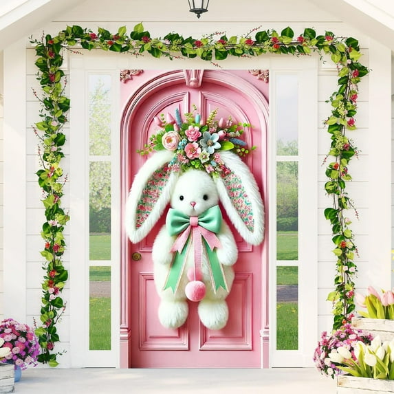 Blukids Happy Easter Door Cover, Large Fabric Easter Bunny Door Cover Egg Easter Door Banner Party Accessory Hanging Banner Sign Decoration for Happy Easter Party Favors,70×35 inch(E)