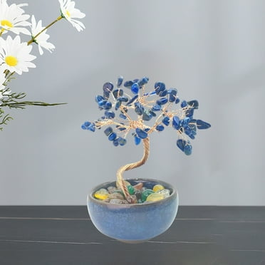 Blukids Lapis Lazuli Crystal Tree Natural Healing Crystal Gemstone Tree with Ceramic Base Handmade Stone Feng Shui Bonsai Money Tree for Wealth Good Luck Home Office Decor Crystal Gifts(Blue)