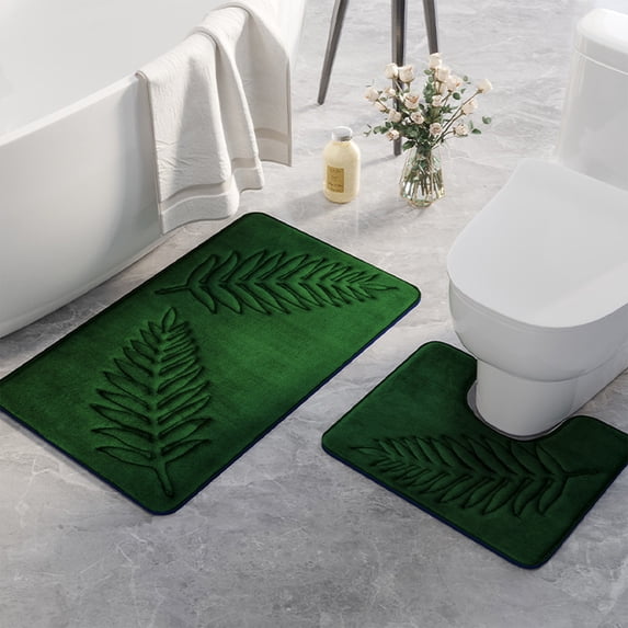 Blukids Luxury Bathroom Rug Set 2 Piece, Leaf Print, Soft Absorbent Microfiber Bath Rugs and U-Shaped Contour Toilet Rug, Non-Slip Bath Carpet, Machine Wash Dry, Bath Mats for Bathroom(Green)
