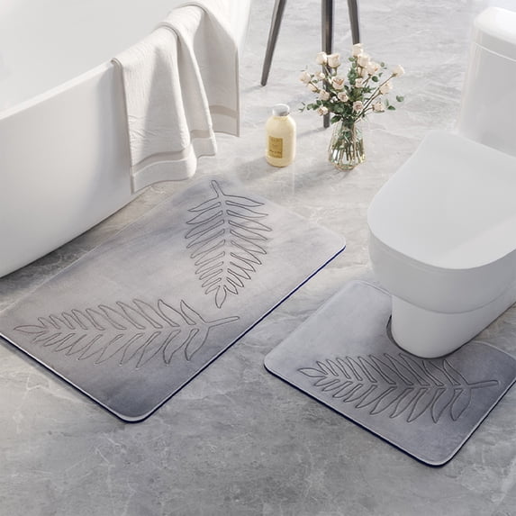 Blukids Luxury Bathroom Rug Set 2 Piece, Leaf Print, Soft Absorbent Microfiber Bath Rugs and U-Shaped Contour Toilet Rug, Non-Slip Bath Carpet, Machine Wash Dry, Bath Mats for Bathroom(Gray)