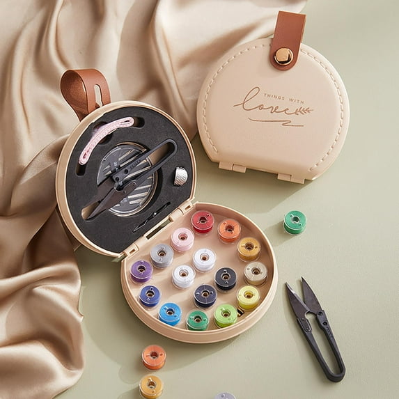 Blukids Min Travel Sewing Kit,Portable Sewing Kit Box DIY Sewing Supplies Accessories with Threads Scissors Sewing Needles for Women, Mom, Traveler, Adults, Beginner,Beige