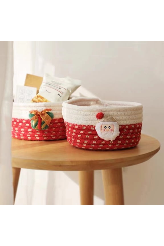 Small Woven Basket, Christmas Holiday Baskets Cotton Rope Round Baskets Santa Storage Basket Decorative Desktop Organizer Container Party Favors Santa Woven Baskets(Red)