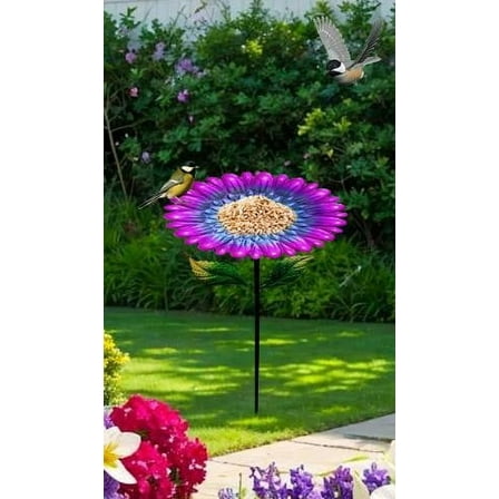 Blukids Solar Glass Blue Bird Bath, Yard Art，Garden Outdoor Birdbath with Metal Stake with White LED Light Metal Stake Garden Decor Gifts(B)