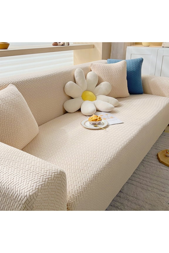 Super Stretch Couch Cover for 3 Cushion Couch, 1-Piece Universal Sofa Covers Living Room Jacquard Spandex Furniture Protector Dogs Pet Friendly Fitted (Beige,S)