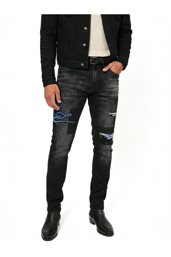 Men's Slim Fit Skinny Jeans, Snake Embroidery Ripped Sequin Stretch Denim Pants