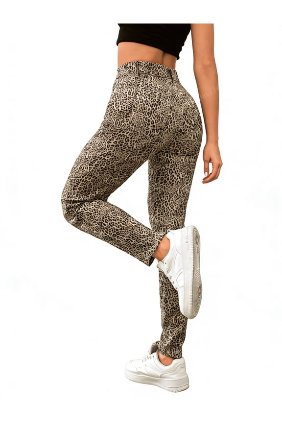 Women's Leopard Print Tapered Jeans, High Waisted Slim Fit Stretch Denim Pants Casual Fashion Trousers for Daily Wear
