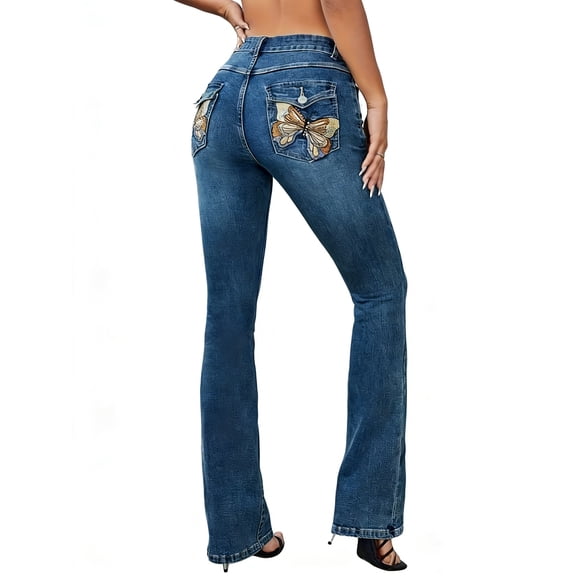Blukraf Women's Stretchy Flare Jeans, High Waisted Bootcut Jeans with Butterfly Pocket Embroidery for Women