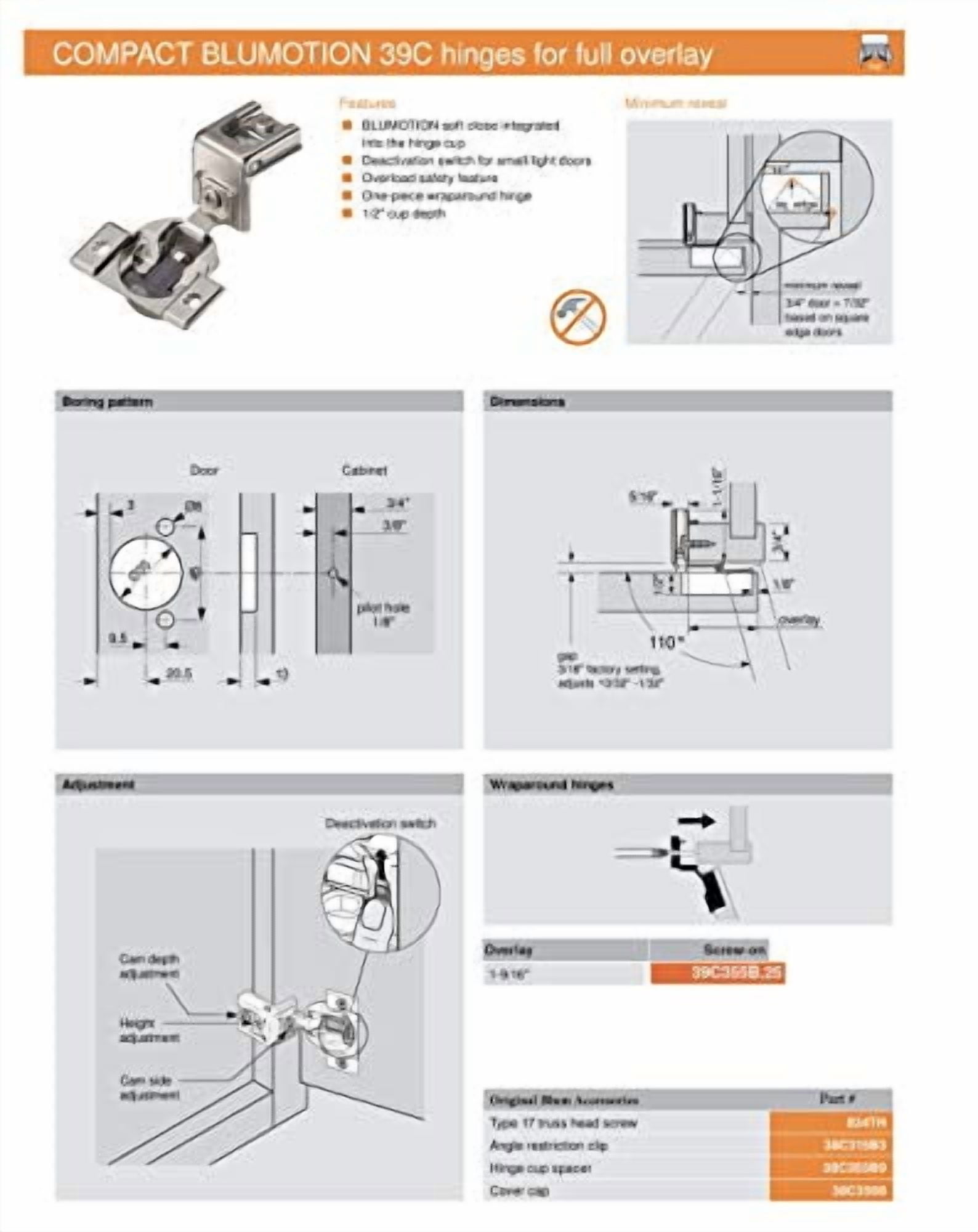 Blum 39C355B.25 Compact BLUMOTION 39C Hinge, SoftClose, 110 Degree, 1
