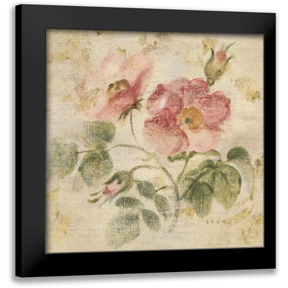 Blum, Cheri 12x12 Black Modern Framed Museum Art Print Titled - Burgundy Rose on Antique Linen Light Gold