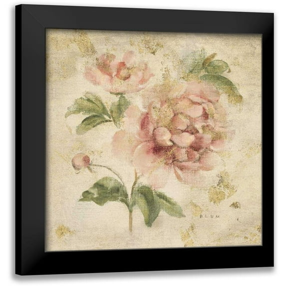 Blum, Cheri 12x12 Black Modern Framed Museum Art Print Titled - Coral Rose on Antique Linen Light Gold