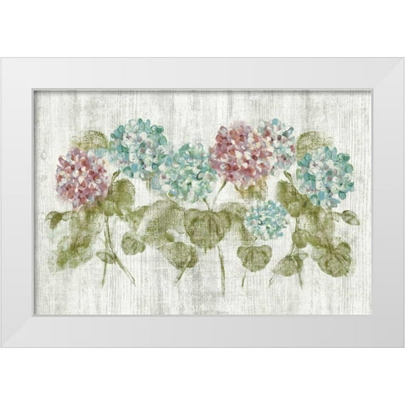 Blum, Cheri 14x11 White Modern Wood Framed Museum Art Print Titled - Vibrant Row of Hydrangea on Wood
