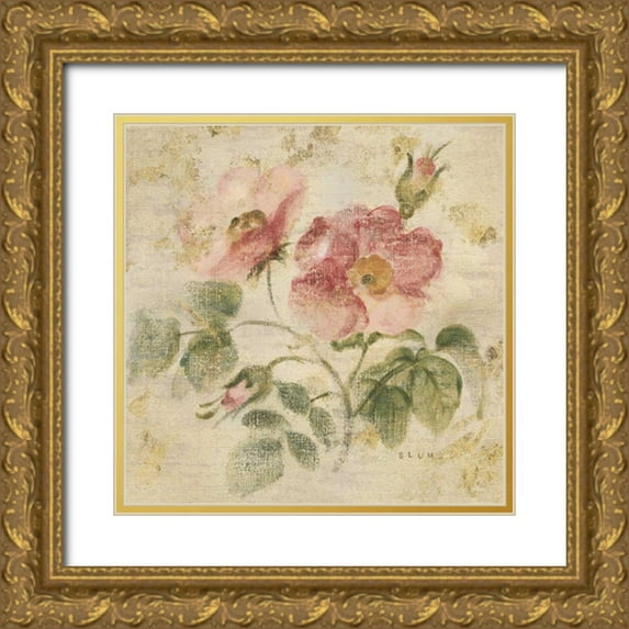 Blum, Cheri 26x26 Gold Ornate Wood Framed with Double Matting Museum Art Print Titled - Burgundy Rose on Antique Linen Light Gold