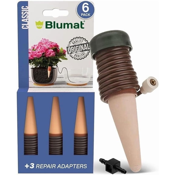 Blumat Classic Self-Watering Stakes - Prevents Overwatering and Underwatering for Healthy Growth While You Are Away - Ideal for Indoor Plant Watering, 6 Pack, w Adapter
