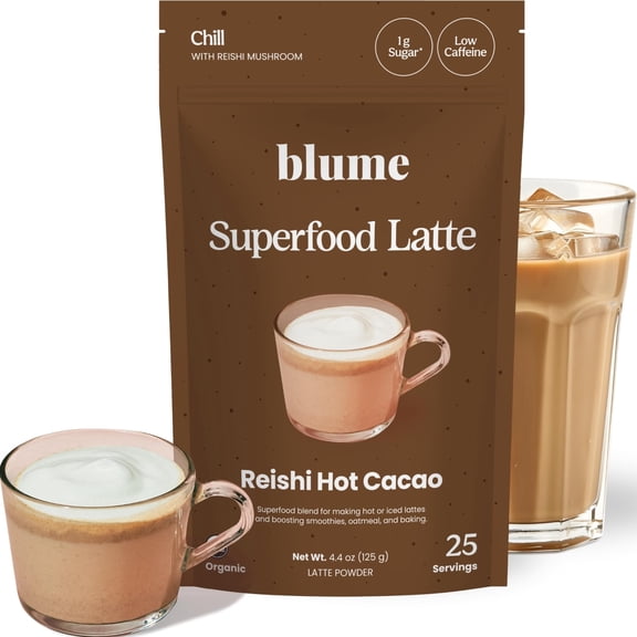 Blume Superfood Latte - Reishi Hot Cacao Powder, Mushroom Powder, Soothing Superfoods, Latte with Brain support, Organic Cocoa Mushroom Coffee Enhancer - Organic, Vegan And Keto Friendly - 25 Serving