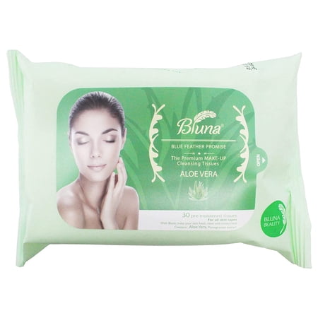 Bluna Facial Make-Up Cleansing Tissue for All Skin Types, Aloe Vera, 30ct per pack (12 PACK)