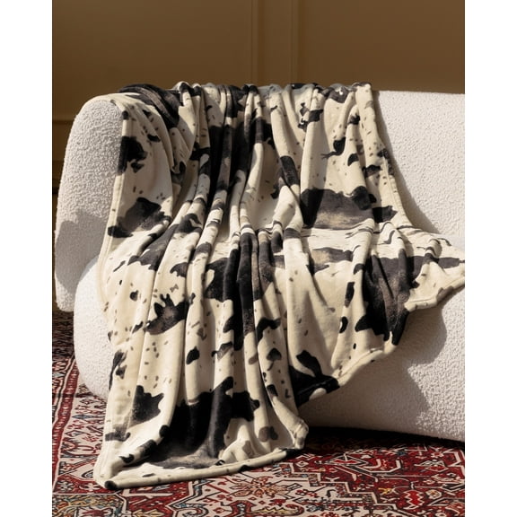 Blunique Cow Print Blankets and Throws Soft Cozy Fleece Throw Blanket Farm Animal Pattern Decor for Sofa, Bed, Travel, Light Brown Throw 50x60 in