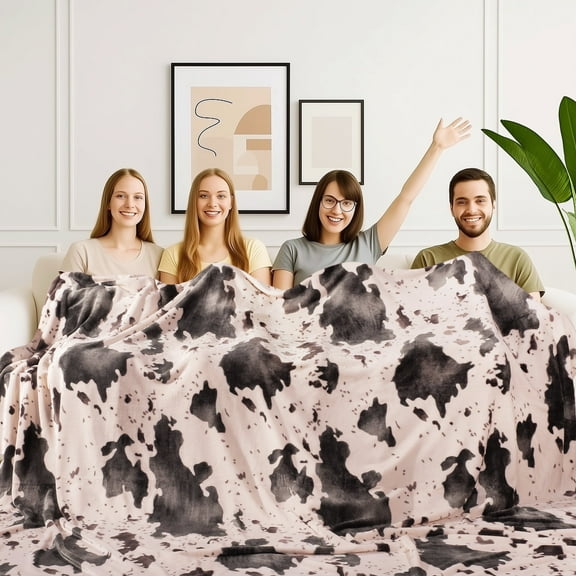 Blunique Cow Print Blankets and Throws Soft Cozy Fleece Throw Blanket Farm Animal Pattern Decor for Sofa, Bed, Travel, Pink Queen 90x90 in