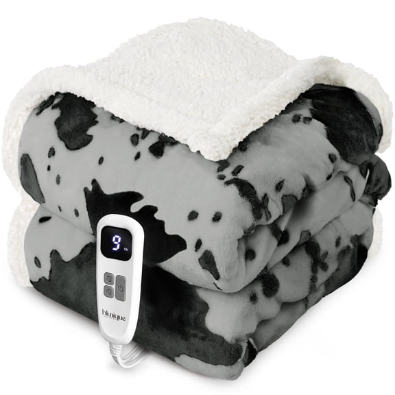 Blunique Electric Throw Blanket 50"x60", Cozy Heated Blanket Flannel & Sherpa, Home Decor Throw with 10 Heat Levels 4 Time Settings, 10H Auto-off, Cow Print Gray