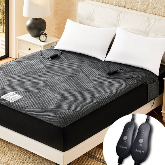 Blunique Heated Mattress Pad Queen Size, Dual Control Electric Bed Warmer, 4 Heat Settings 10H Auto-off, 3D Air Layer Fabric, Side Storage Pouch, Machine Washable, 60"x80" Black