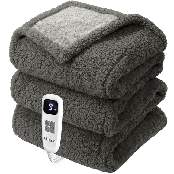 Blunique Heated Blanket 50"x60", Double Sided Sherpa Electric Throw Blanket, 10 Heating Levels, Auto Off, ETL-certified, Contrast Gray