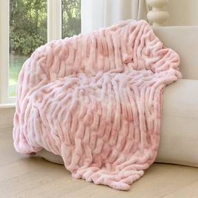 Blunique Faux Rabbit Fur Throw Blanket, Ultra Soft Plush Cozy Blanket for Couch Bed, Thick Fluffy Ruched Tie-Dye Blanket, Giftable Home Decor, 50"x60" Pink