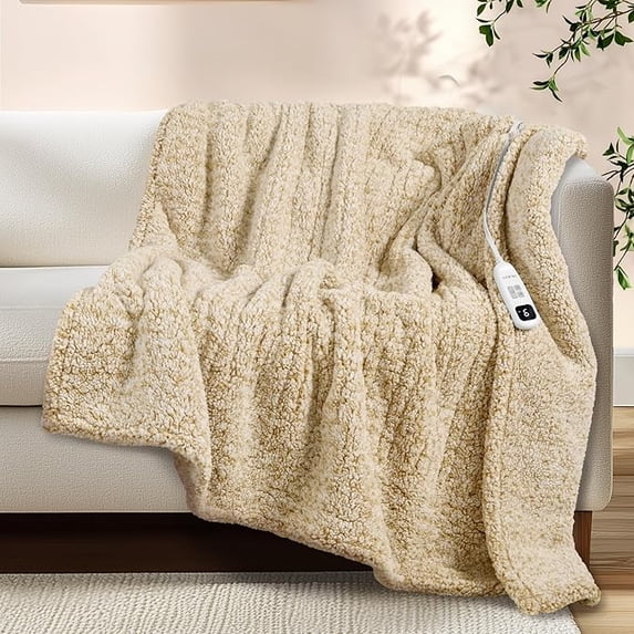 Blunique Heated Blanket, Double Sided Sherpa Electric Throw Blanket, Ultra Soft Cozy, 10 Heating Levels 2-10 Hours Auto Off, Mashine Washable, 50"x60", Camel