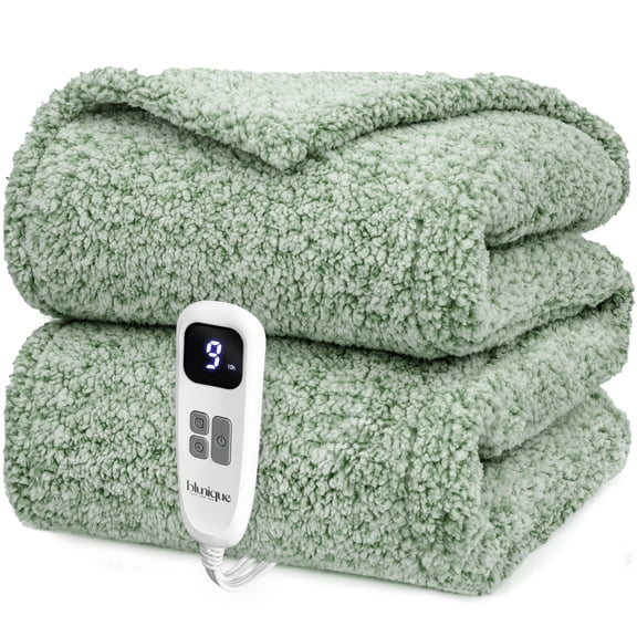 Blunique Heated Blanket 50"x60", Double Sided Sherpa Electric Throw Blanket, 10 Heating Levels 2-10 Hours Auto Off, ETL-certified, Light Sage