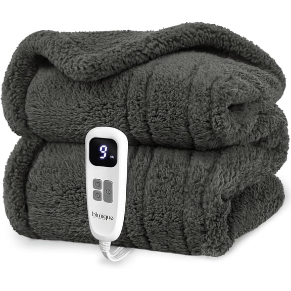 Blunique Heated Blanket 50"x60", Double Sided Sherpa Electric Throw Blanket, 10 Heating Levels, 2-10H Auto Off, ETL-Certified, Gray